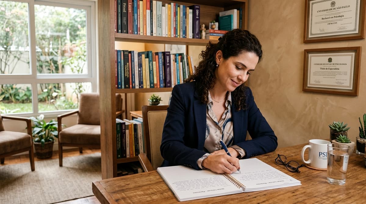 Psicóloga anotando nota clínica no formato BIRP em consultório brasileiro