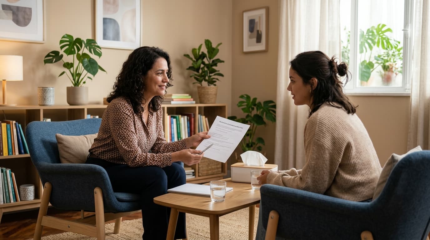 Psicóloga apresentando escala PHQ-9 para paciente em sala de atendimento acolhedora