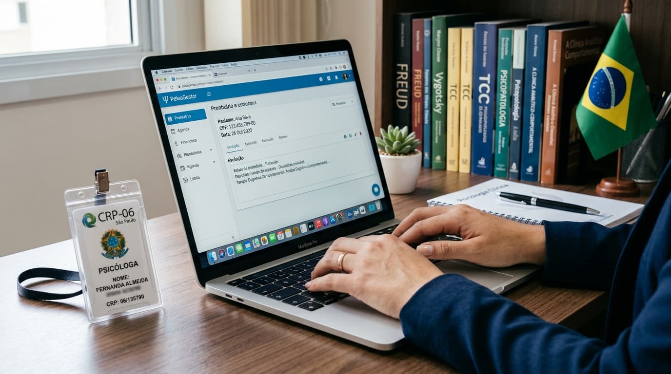Psicóloga digitando prontuário eletrônico com credencial CRP e bandeira do Brasil na mesa