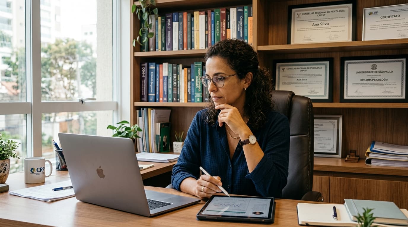 Psicóloga analisando prontuário eletrônico no laptop em consultório profissional