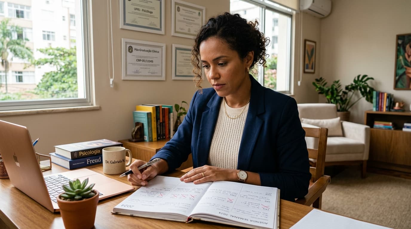 Psicóloga verificando agenda com cancelamentos marcados — política de cancelamento em consultório
