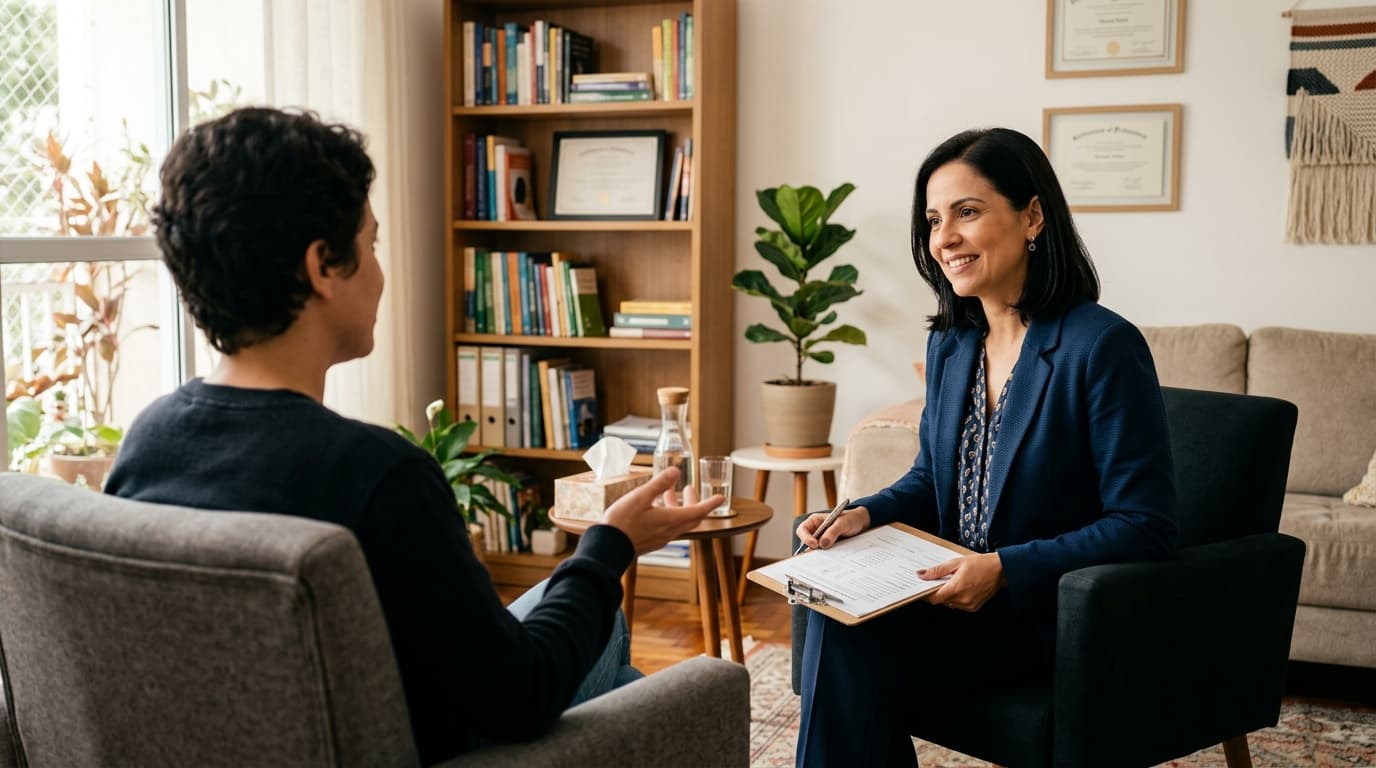 Psicóloga realizando anamnese na primeira sessão com paciente em consultório