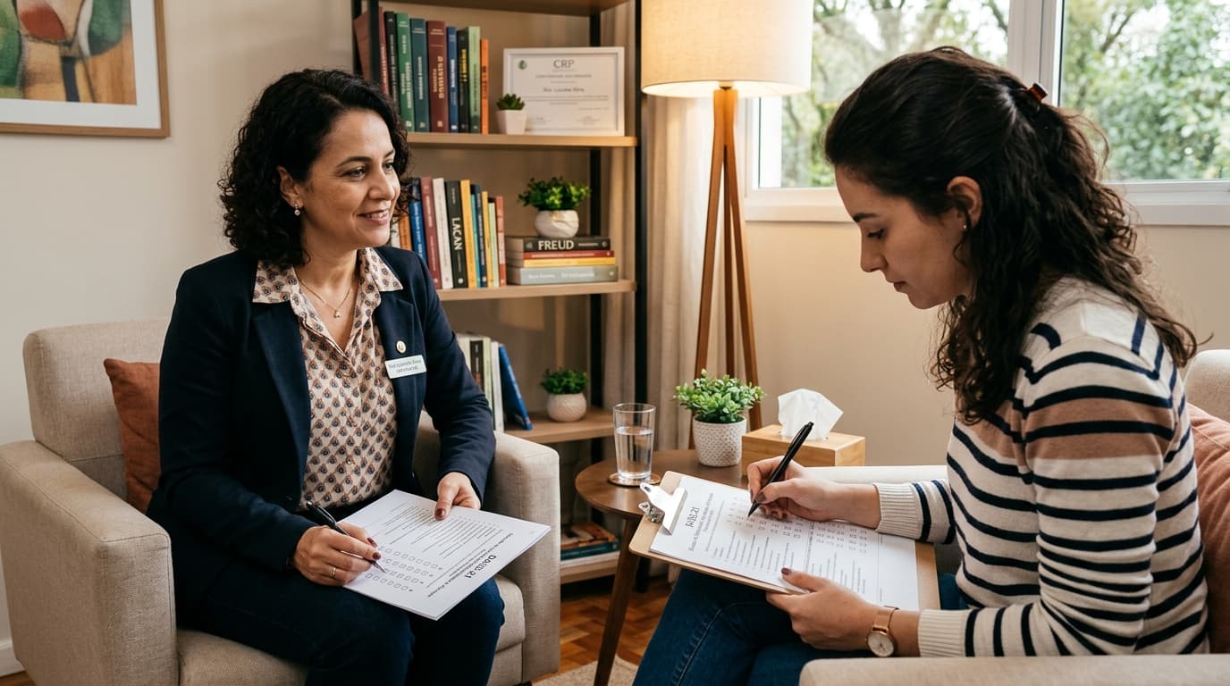 Psicóloga analisando resultados do DASS-21 em tablet durante consulta
