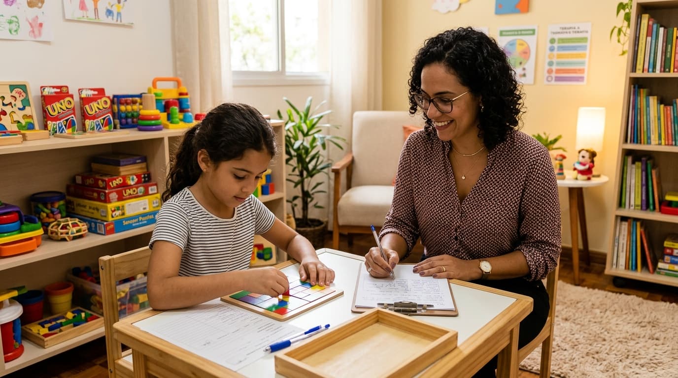 Psicóloga aplicando instrumentos de avaliação psicológica no consultório