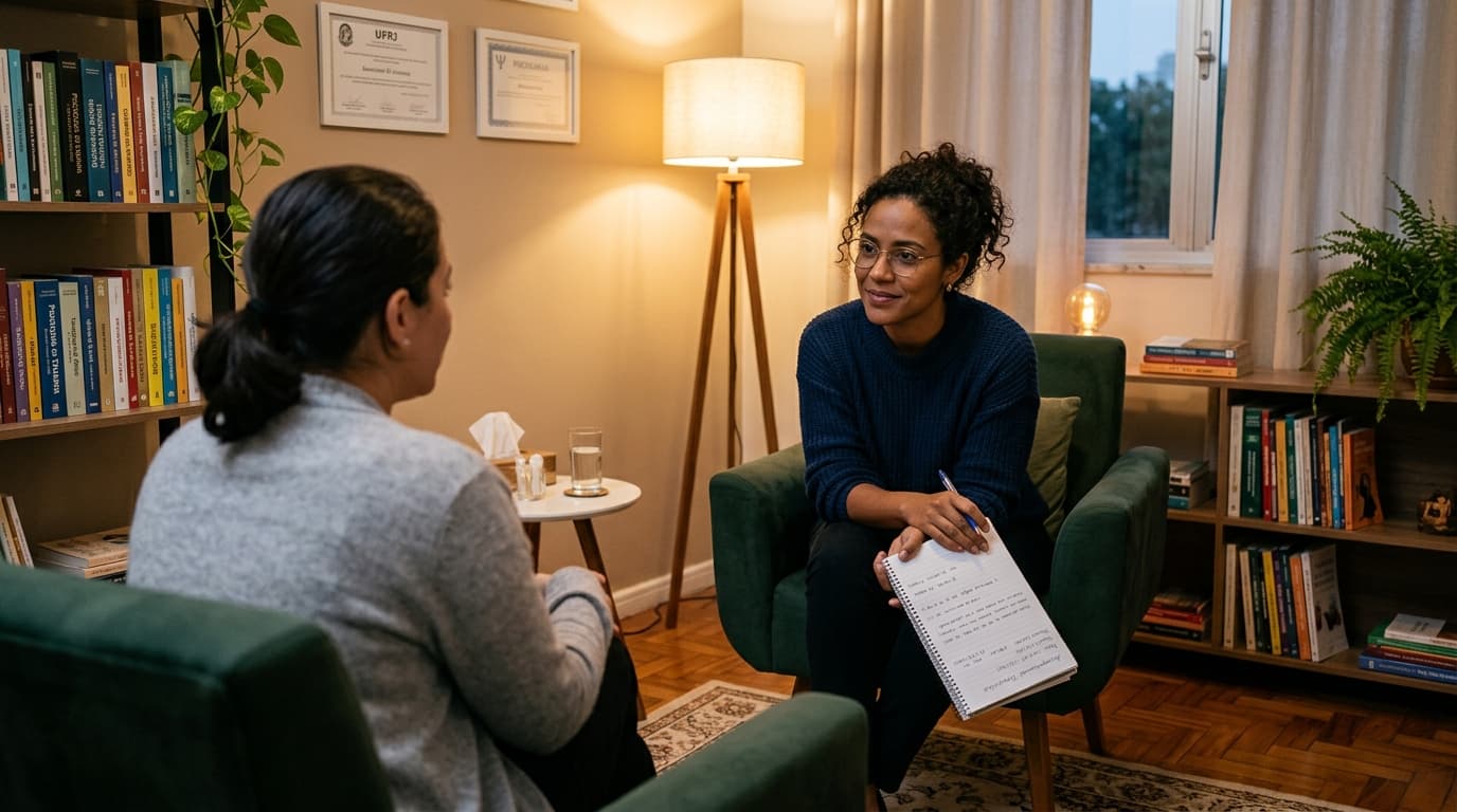 Psicóloga aplicando instrumento de avaliação psicológica para TEPT em consultório