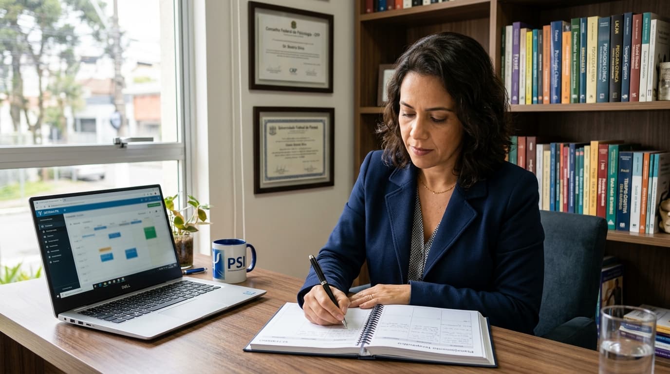 Psicóloga elaborando plano terapêutico com paciente em consultório de psicologia