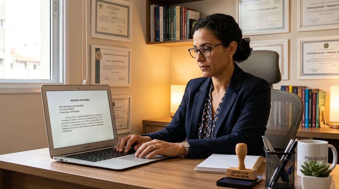 Psicóloga emitindo atestado psicológico no consultório com caneta e papel timbrado