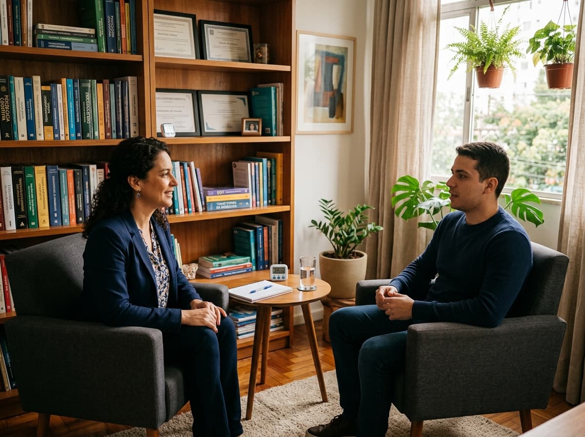 Psicóloga conduzindo sessão de ERP com paciente para tratamento de TOC em consultório