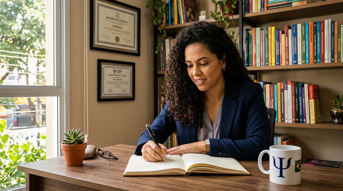 Psicóloga escrevendo nota de evolução livre em prontuário psicológico no consultório