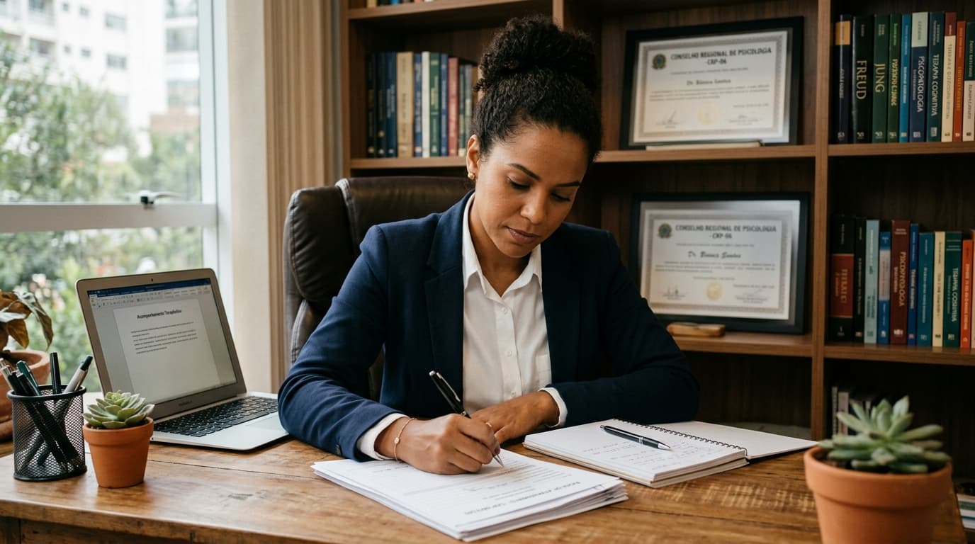 Psicóloga escrevendo laudo de avaliação psicológica para perícia do INSS