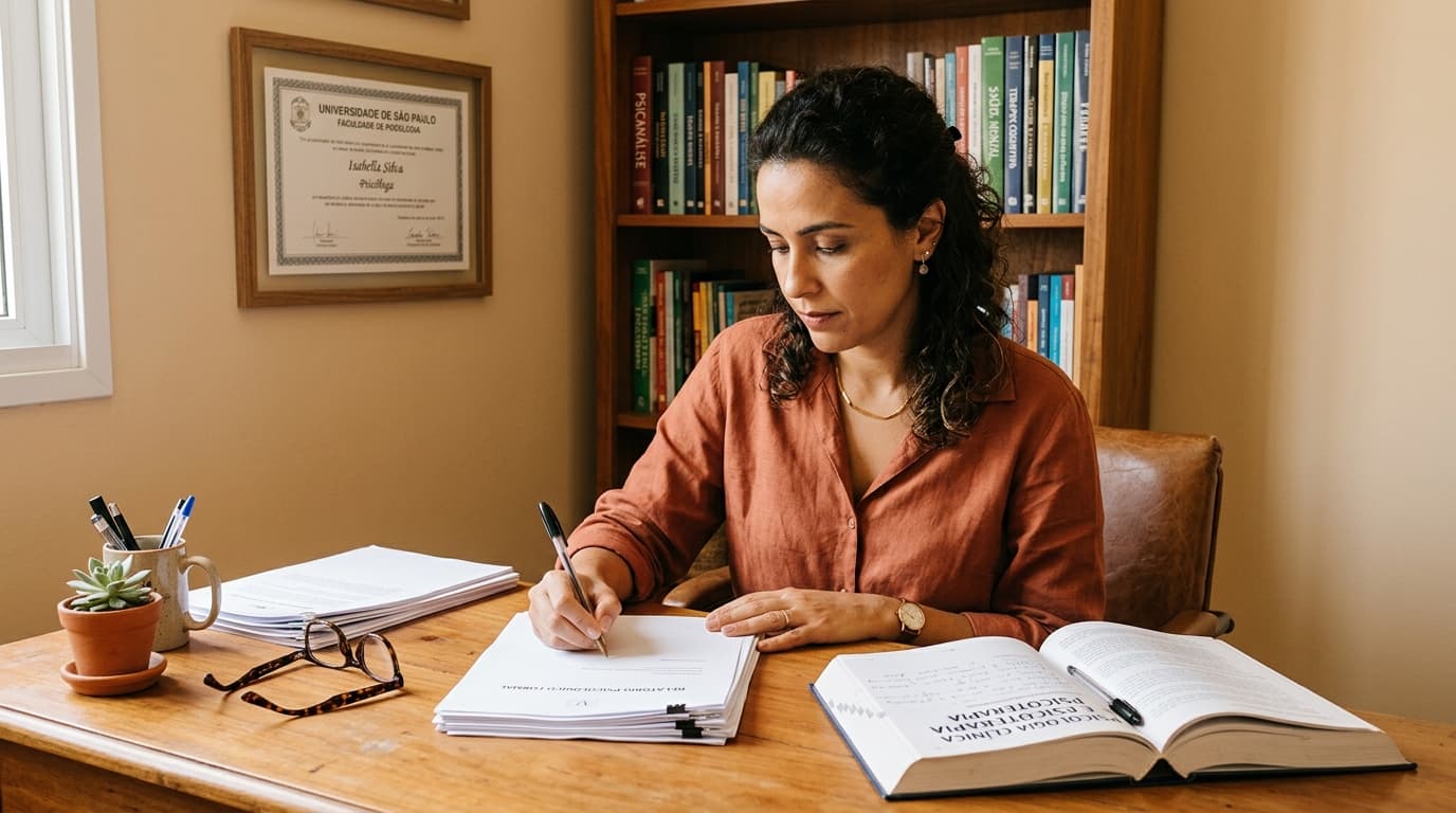 Psicóloga em consultório redigindo laudo psicológico com documentos na mesa