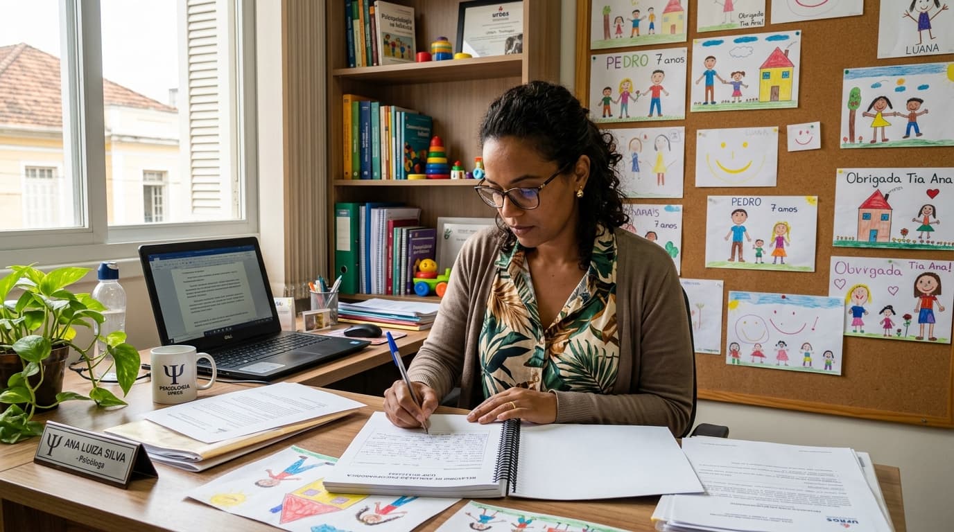 Psicóloga elaborando relatório psicológico para escola no consultório