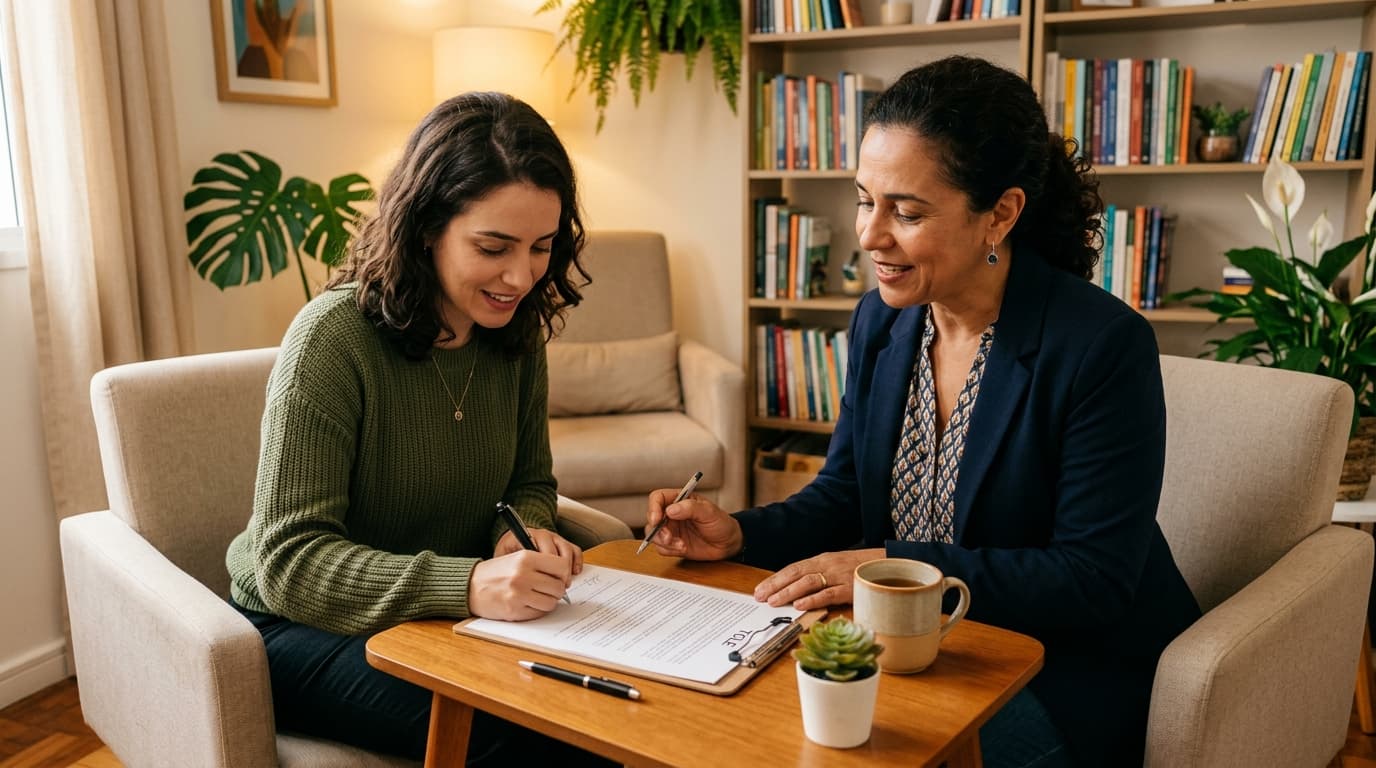 Psicólogo e paciente assinando Termo de Consentimento Livre e Esclarecido antes do atendimento