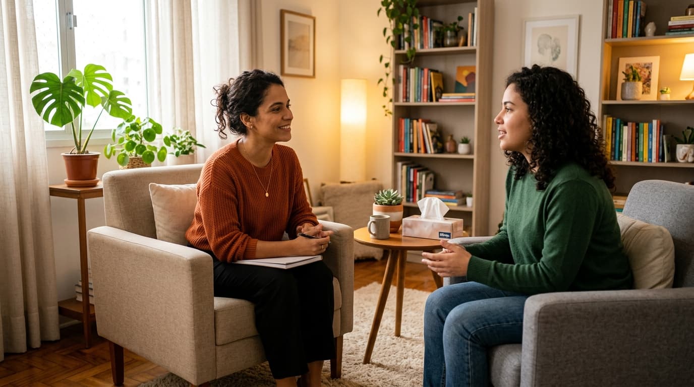 Psicóloga conduzindo primeiro atendimento de acolhimento com novo paciente em consultório acolhedor