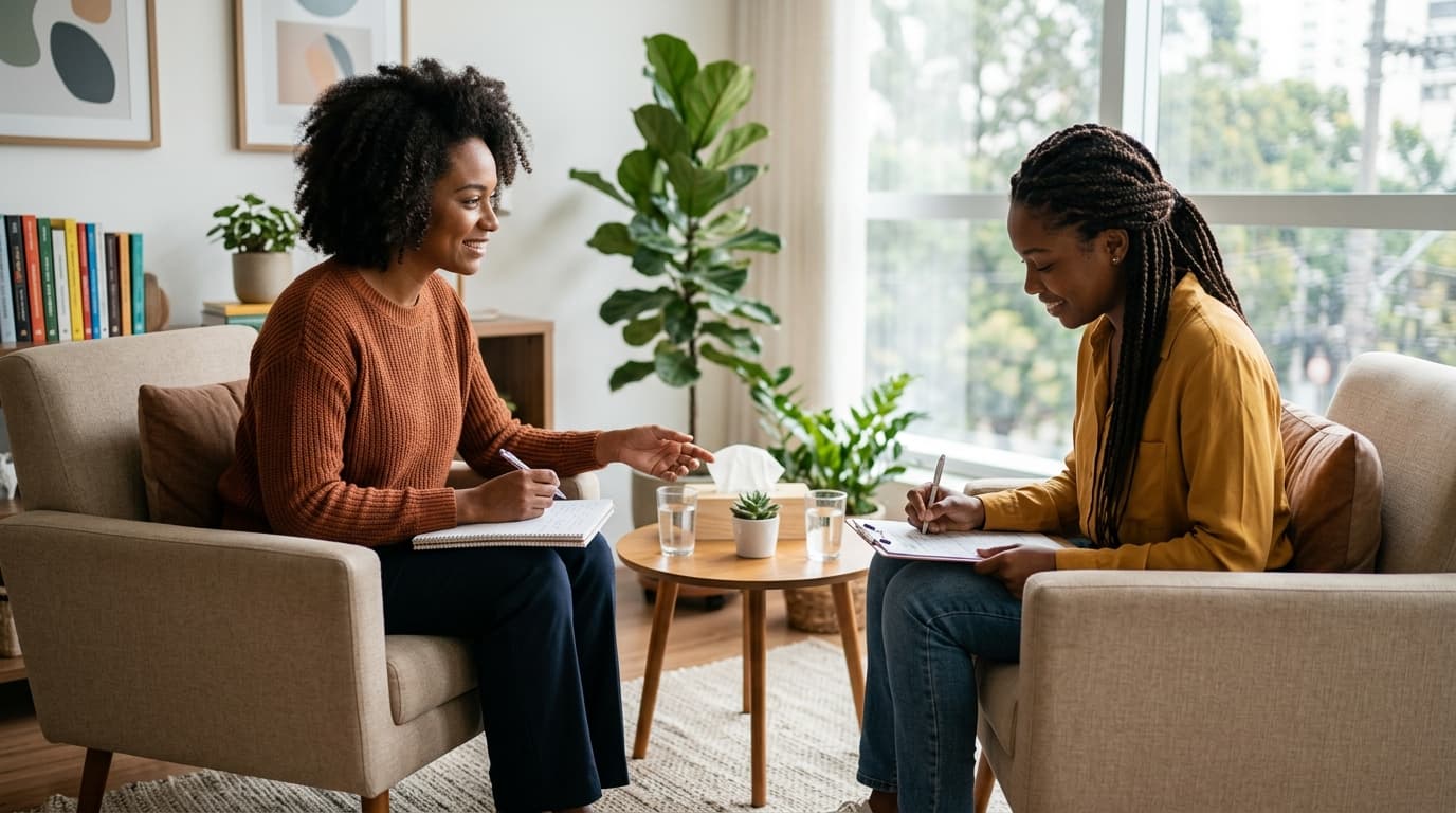 Psicóloga conduzindo sessão de TCC com paciente em consultório, usando técnica de reestruturação cognitiva