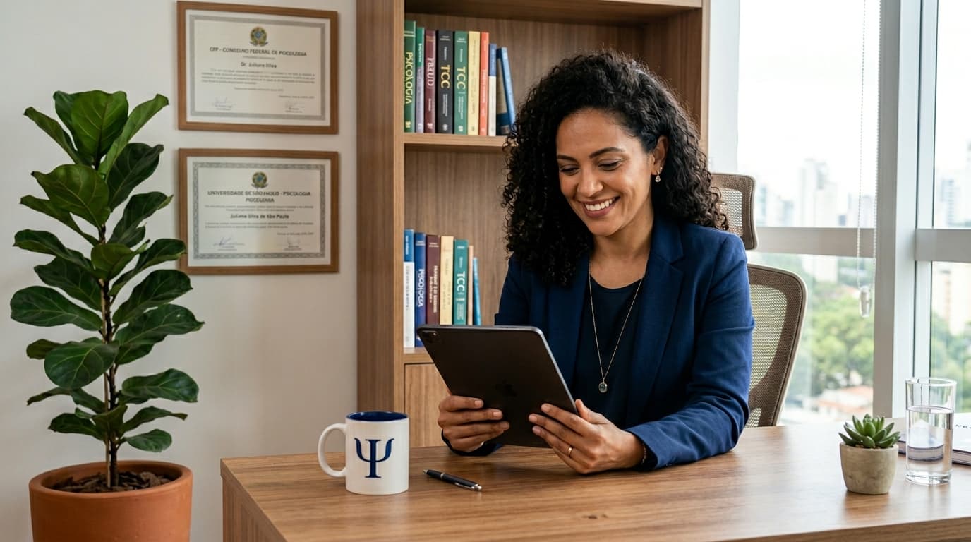 Psicóloga usando inteligência artificial para gerar nota clínica em tablet no consultório