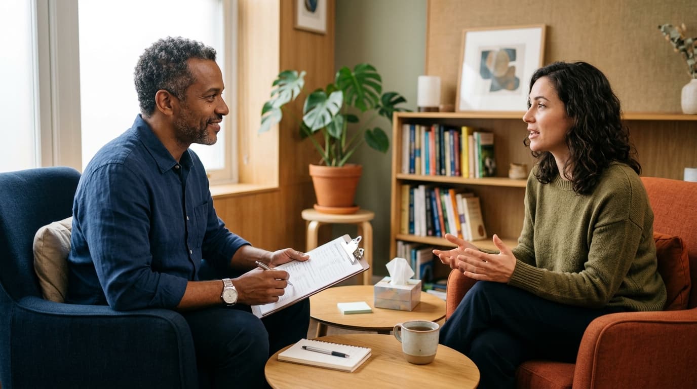 Psicólogo aplicando o BAI — Inventário de Ansiedade de Beck com paciente em consultório