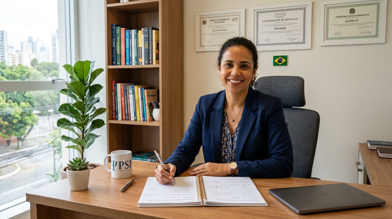 Psicóloga autônoma em consultório moderno de São Paulo sorrindo com diplomas CFP e USP na parede