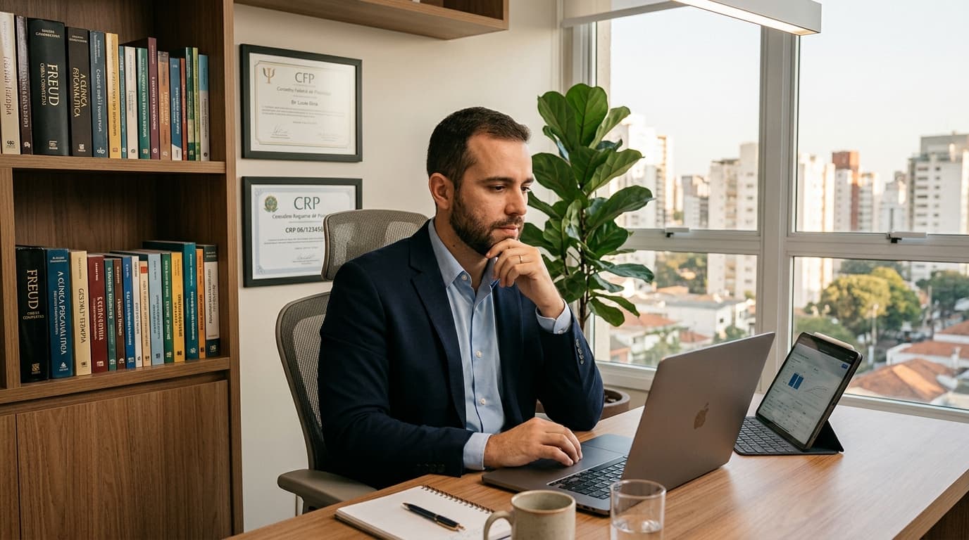 Psicólogo redigindo laudo pericial psicológico em escritório com documentos jurídicos