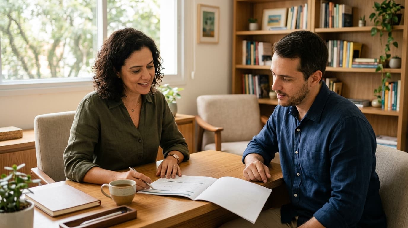 Psicólogo e paciente revisando contrato terapêutico em consultório