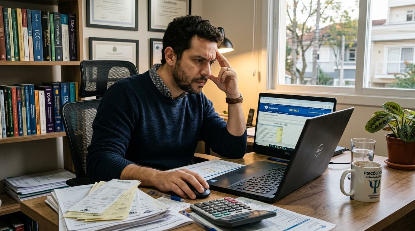 Psicólogo autônomo organizando honorários e documentos financeiros no consultório
