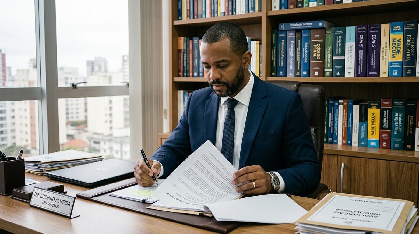 Psicólogo redigindo laudo pericial psicológico em escritório com documentos jurídicos