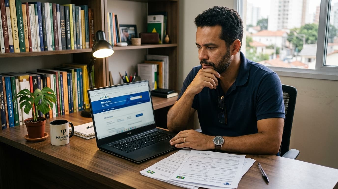 Psicólogo autônomo analisando documentos financeiros no consultório