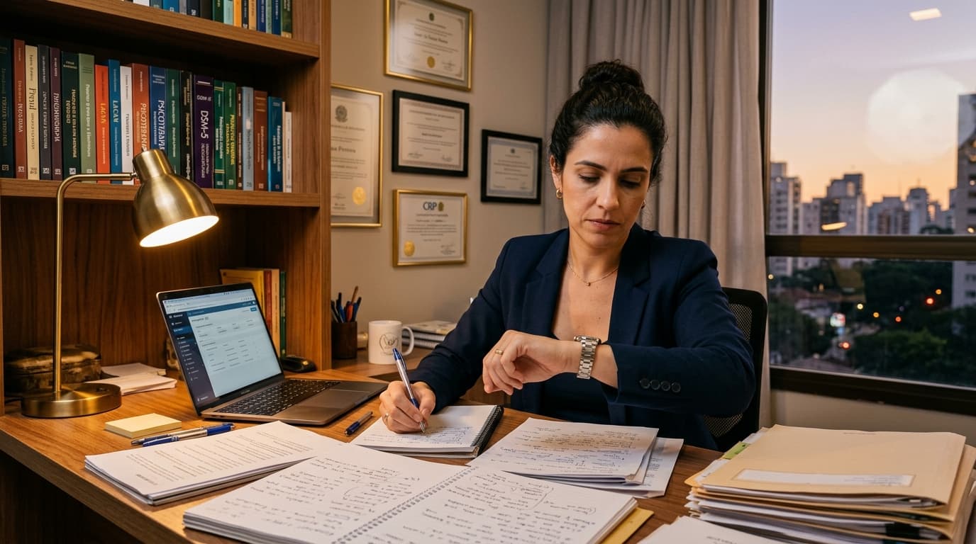 Psicólogo olhando para o relógio enquanto preenche documentação clínica em consultório