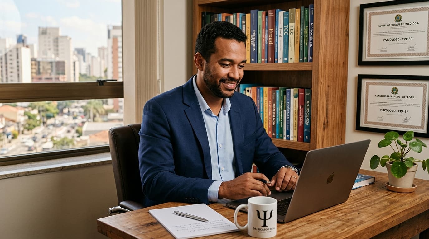 Psicólogo brasileiro usando notebook com IA em consultório de psicologia