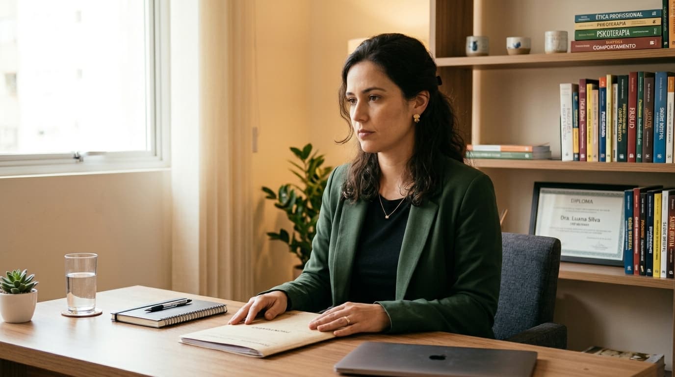 Psicóloga em consultório reflexiva sobre confidencialidade do atendimento