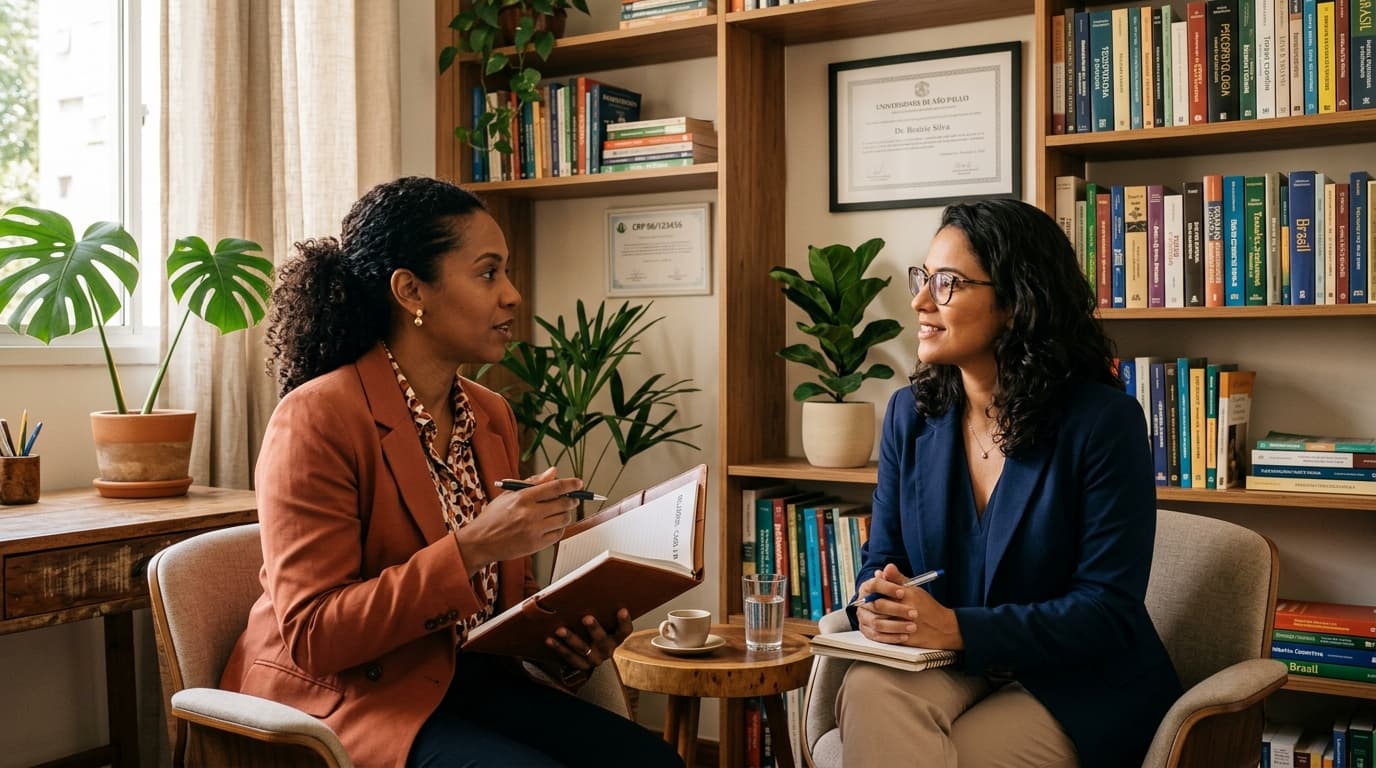 Psicóloga em supervisão clínica com supervisor experiente analisando caso clínico