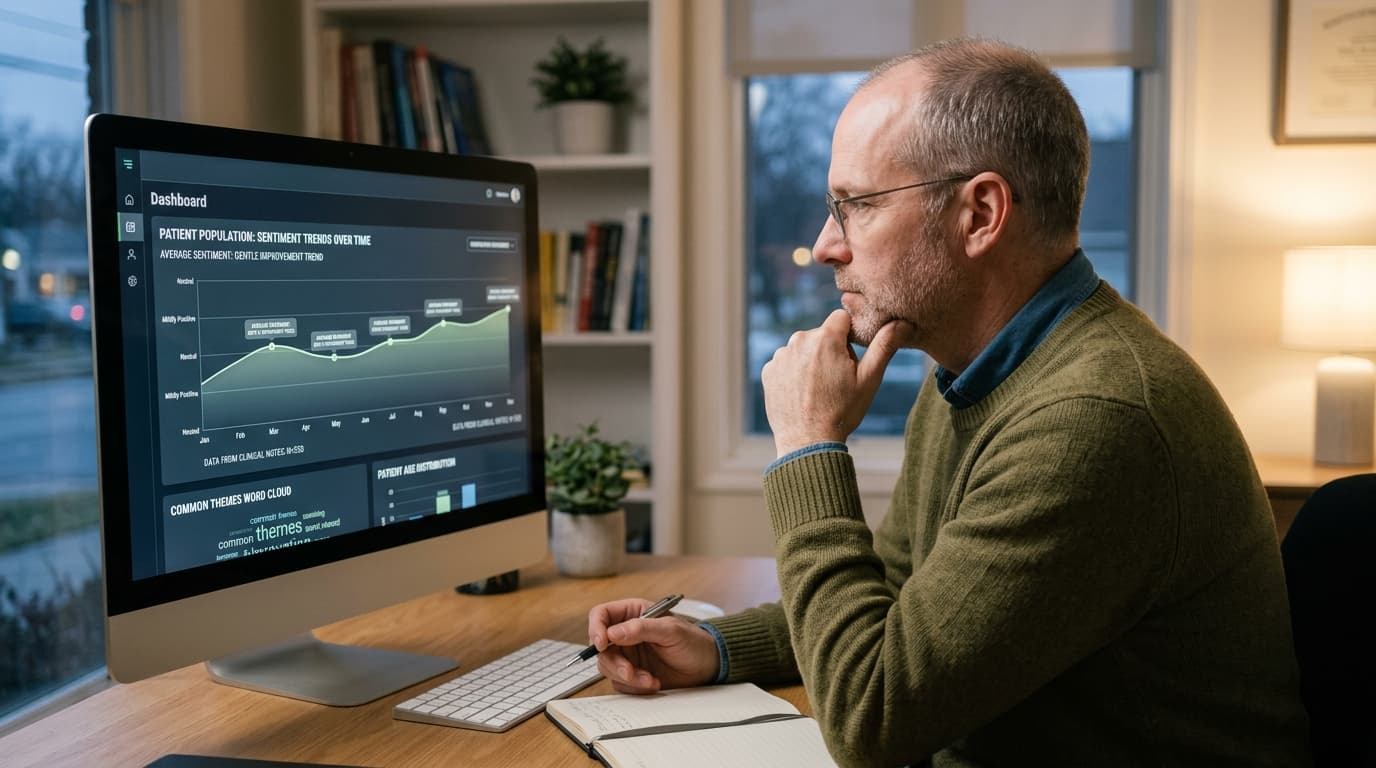Psicóloga visualizando a evolução emocional do paciente a partir das notas clínicas