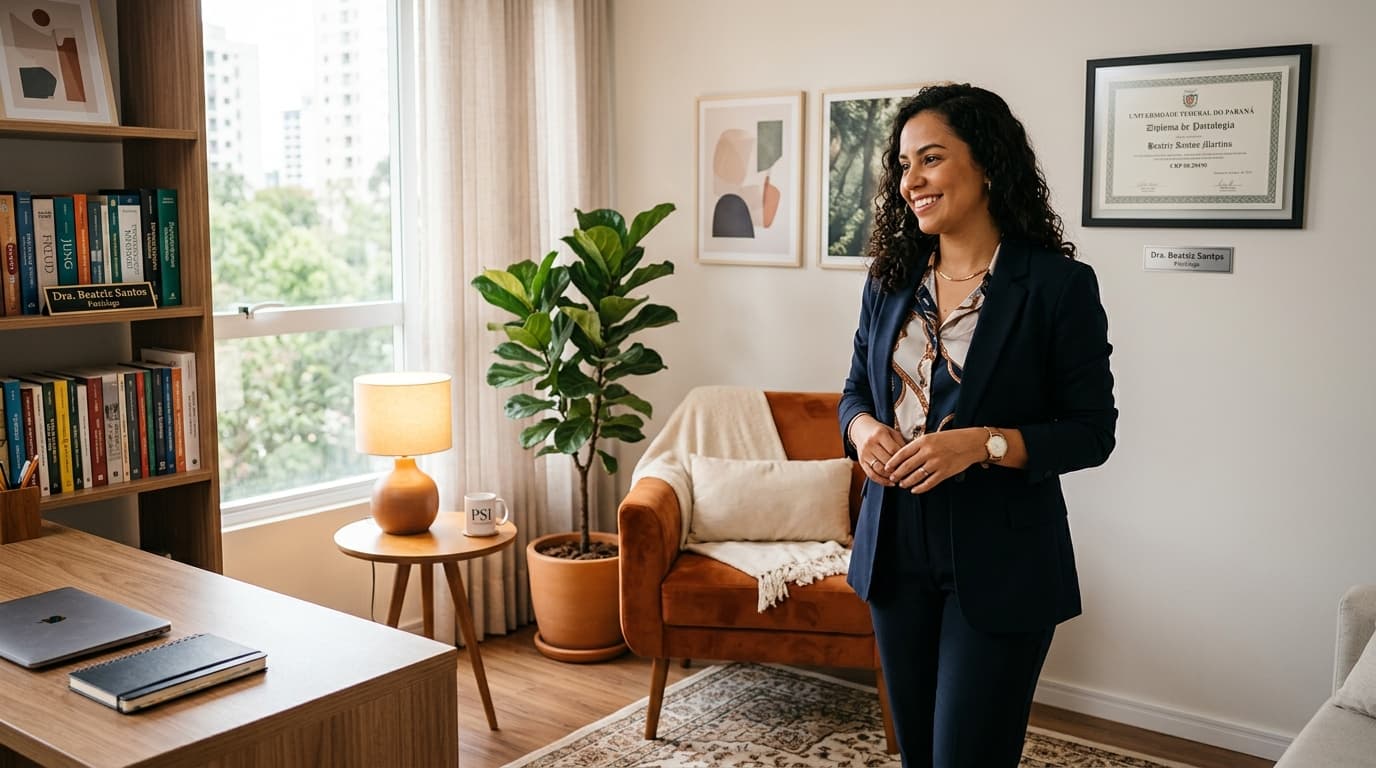 Psicóloga organizando seu novo consultório de psicologia com plantas e cadeiras