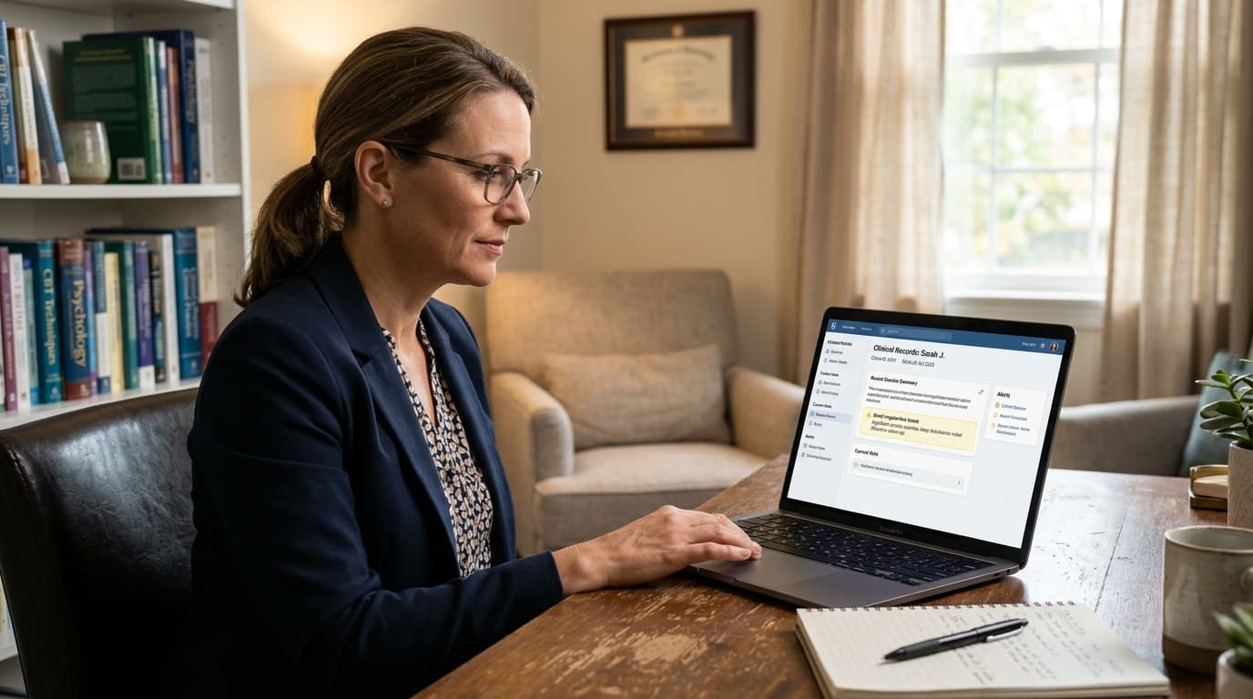 Psicólogo revisando alerta de risco destacado em nota clínica na tela do computador