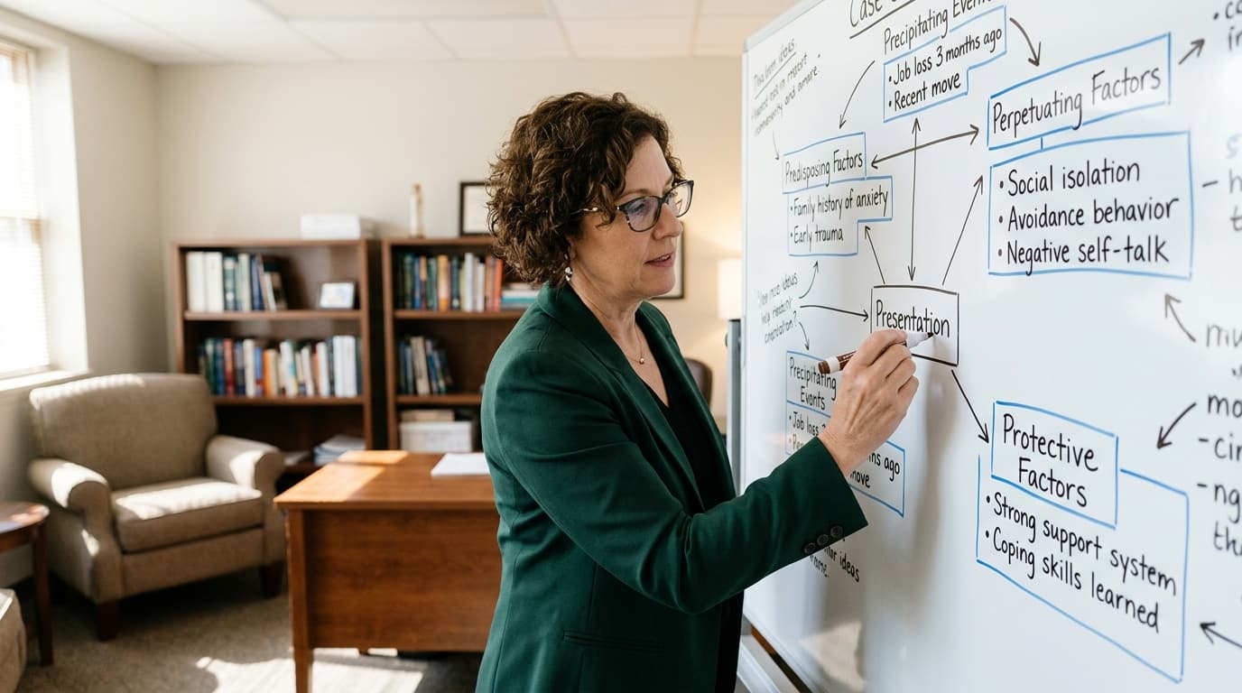 Psicólogo estruturando a formulação de caso clínico com diagrama e notas
