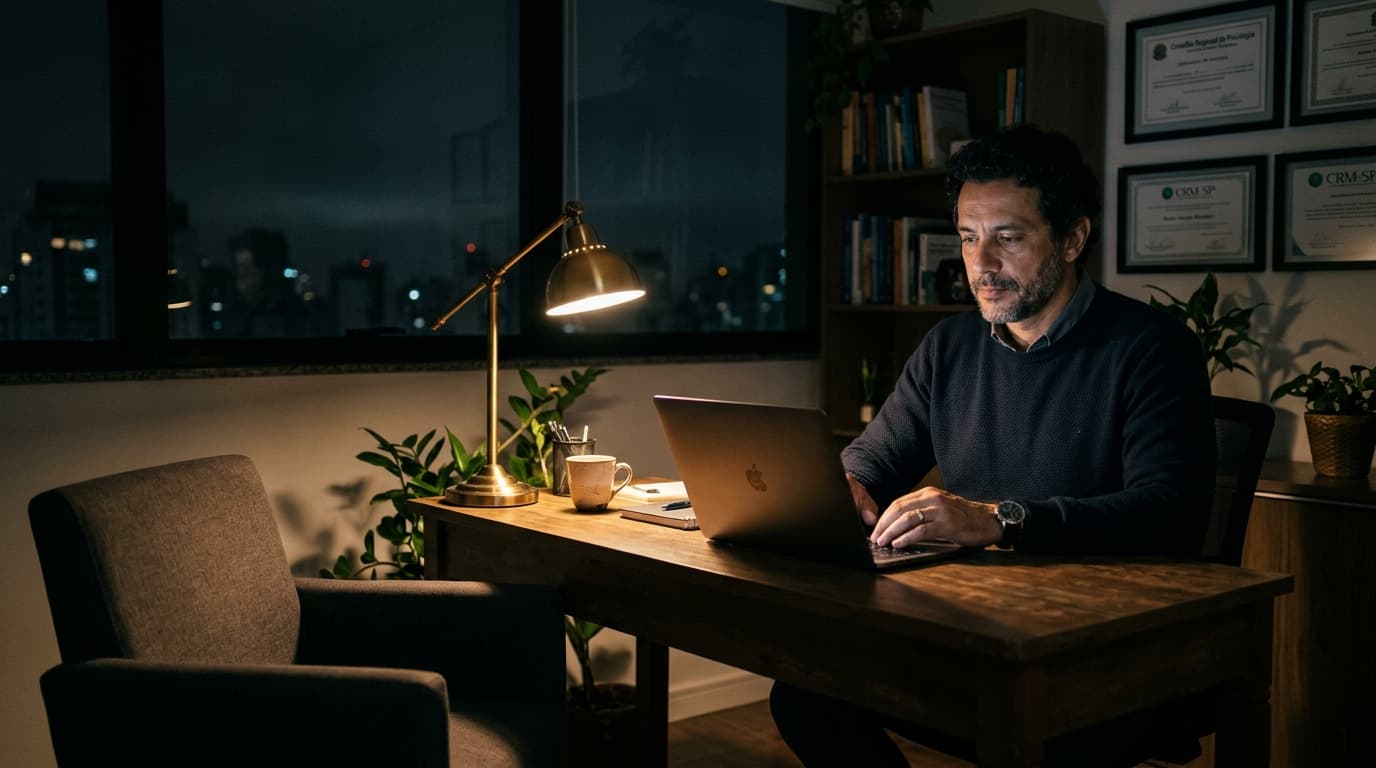 Psicólogo no consultório à noite diante do notebook com a nota clínica em branco