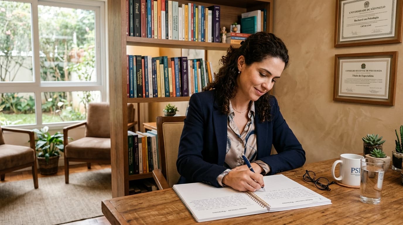 Psicóloga escrevendo notas clínicas de sessão psicanalítica em consultório