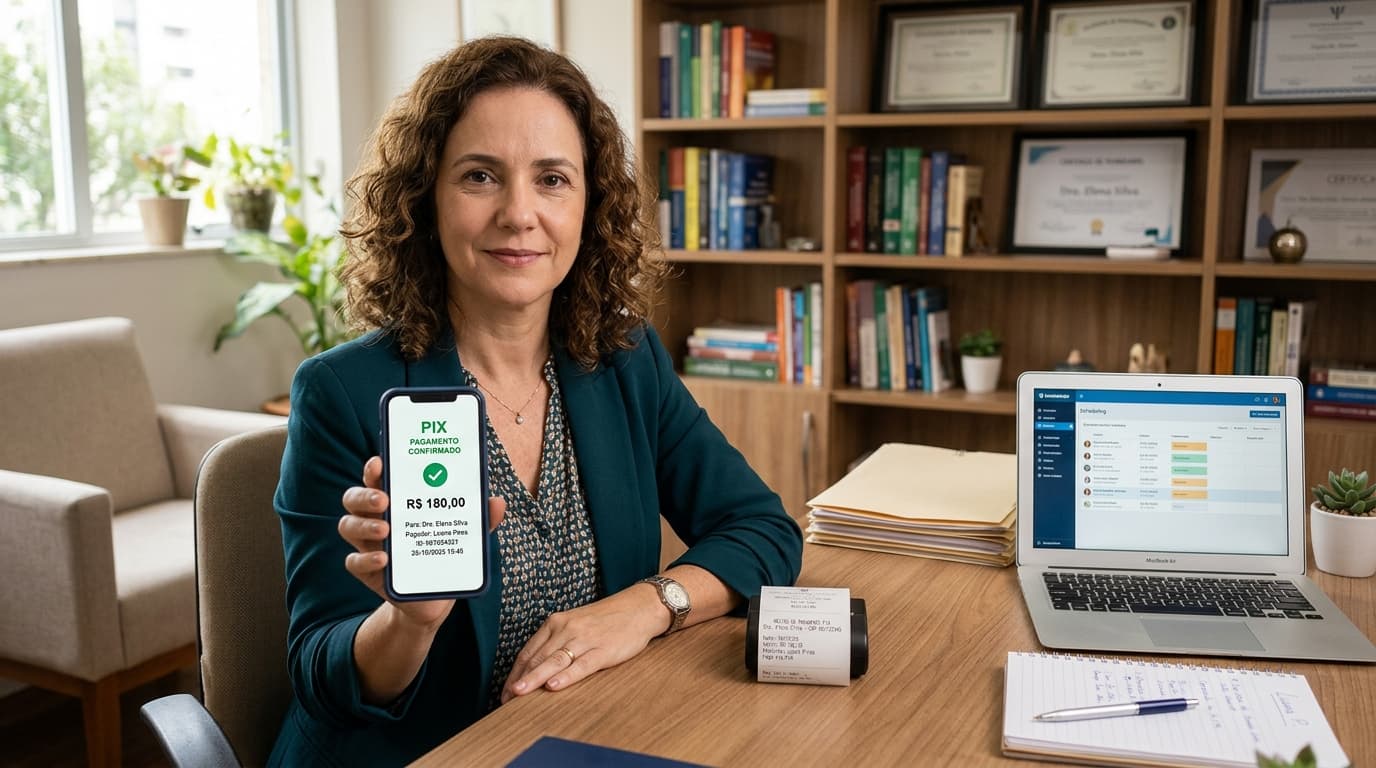 Psicóloga conferindo pagamento por PIX no celular e emitindo recibo no consultório
