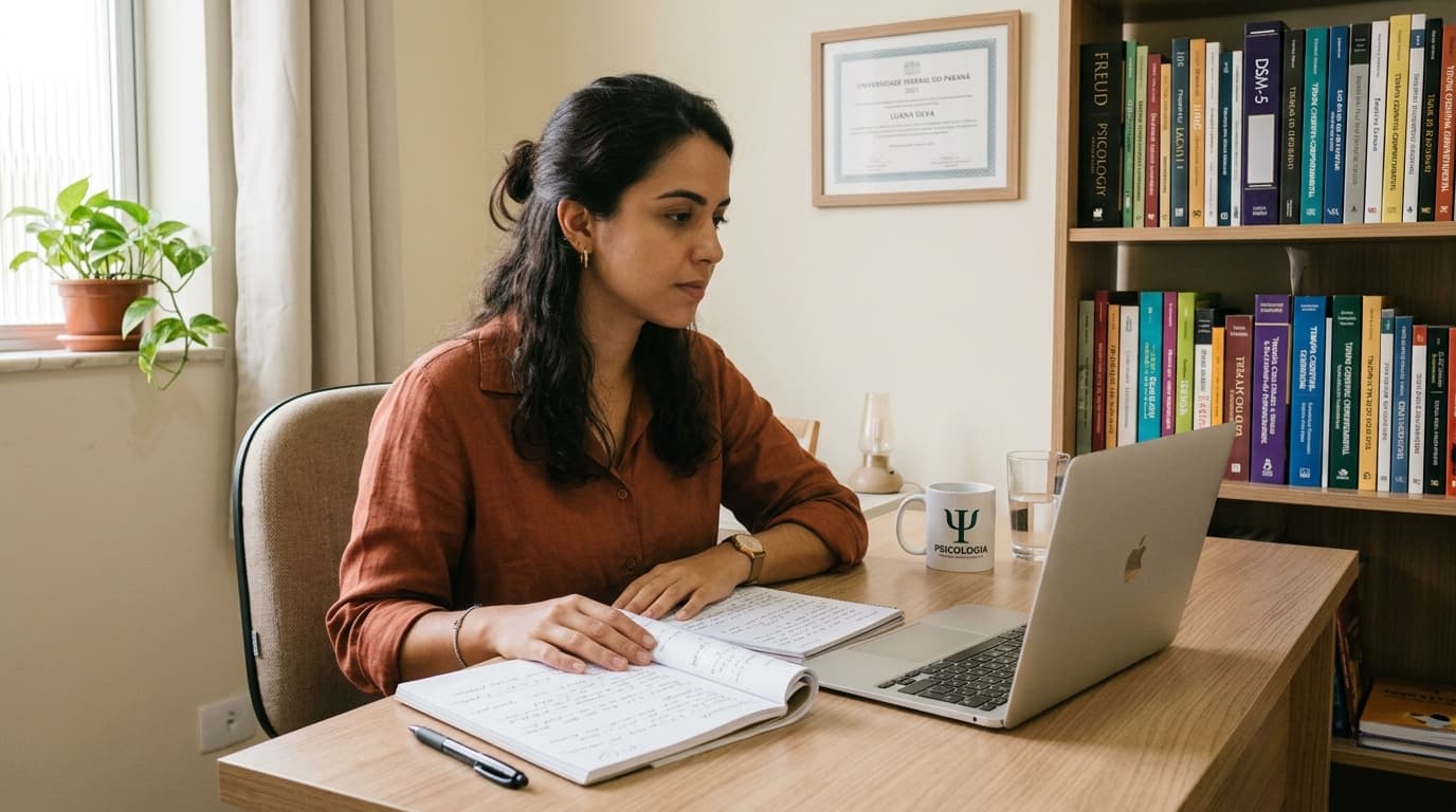 Psicóloga no início de carreira comparando caderno de papel e prontuário no notebook