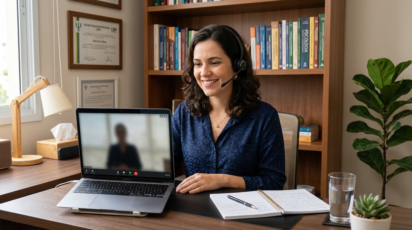 Psicóloga realizando atendimento online de telepsicologia em notebook com paciente em videochamada