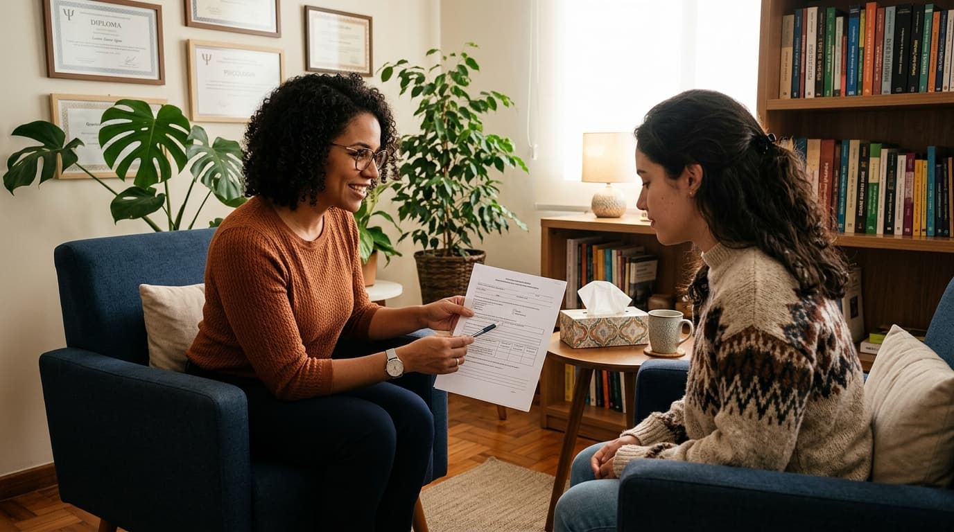 Psicólogo aplicando GAD-7 para avaliação de ansiedade generalizada com paciente em consultório