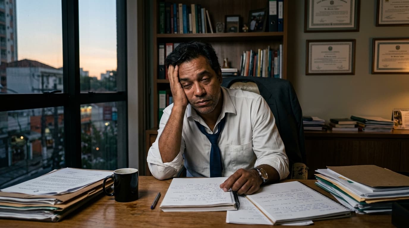 Psicólogo com sinais de burnout e esgotamento sentado à mesa do consultório