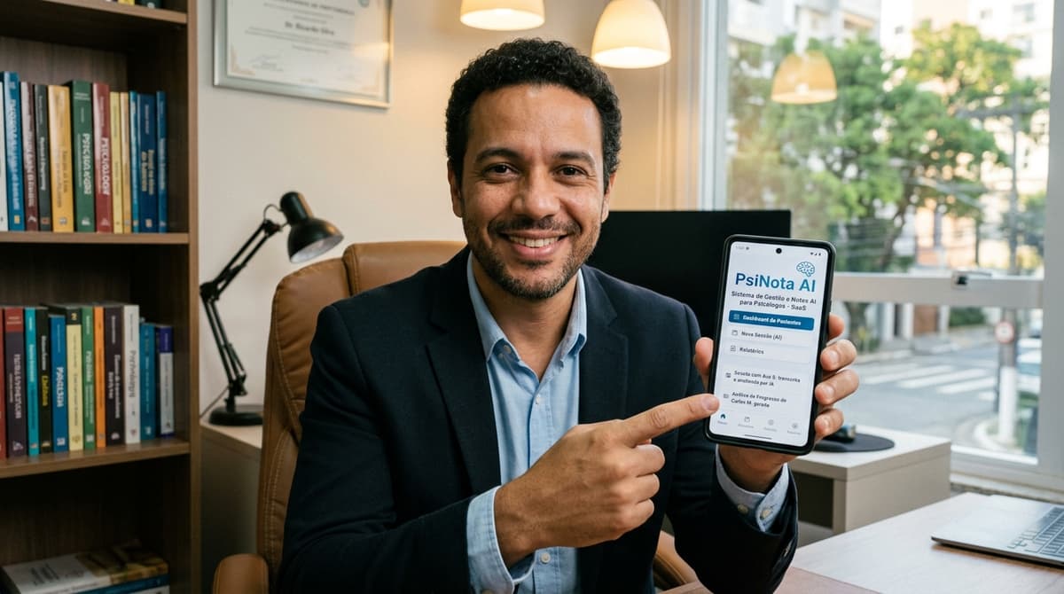 Psicólogo consultando app de documentação clínica com apoio de IA no consultório