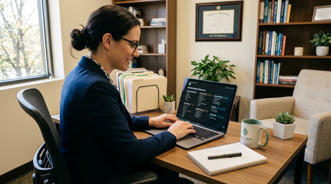 Psicólogo criando um modelo de nota clínica padronizado no computador