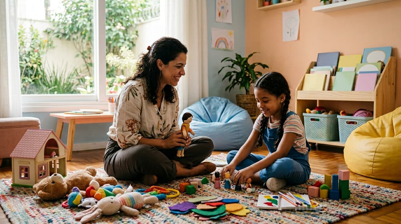 Psicóloga infantil em sessão de ludoterapia com criança e brinquedos no consultório