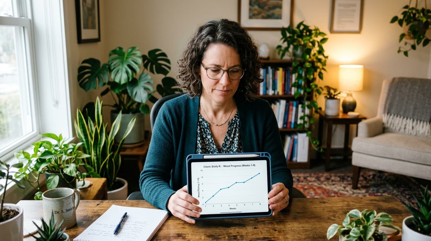 Psicóloga analisando gráfico de evolução de humor do paciente no tablet