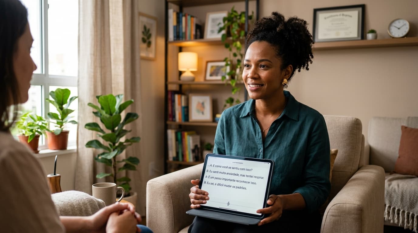 Psicóloga com tablet mostrando transcrição automática em tempo real de sessão clínica