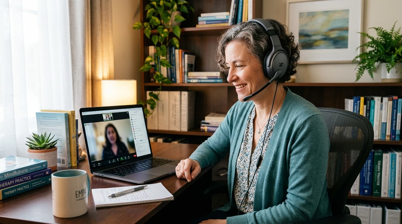 Psicóloga conduzindo atendimento online por videochamada em consultório reservado