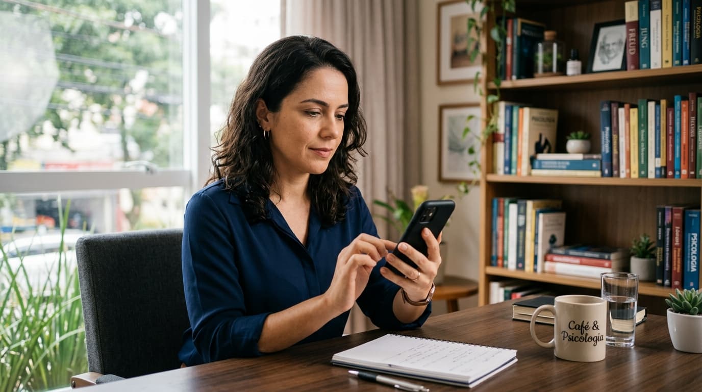 Psicóloga no consultório usando smartphone para comunicação profissional com paciente
